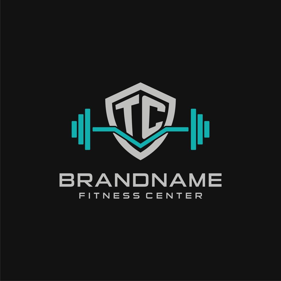 Creative letter TC logo design for gym or fitness with simple shield and barbell design style vector
