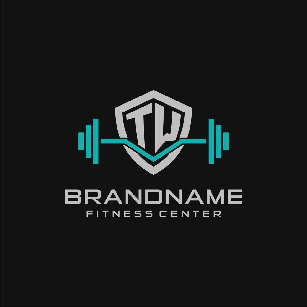 Creative letter TW logo design for gym or fitness with simple shield and barbell design style vector