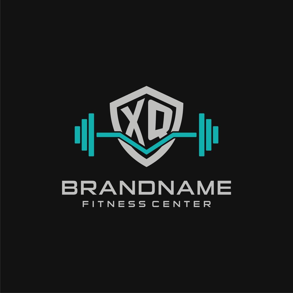 creativo letra xq logo diseño para gimnasio o aptitud con sencillo proteger y barra con pesas diseño estilo vector