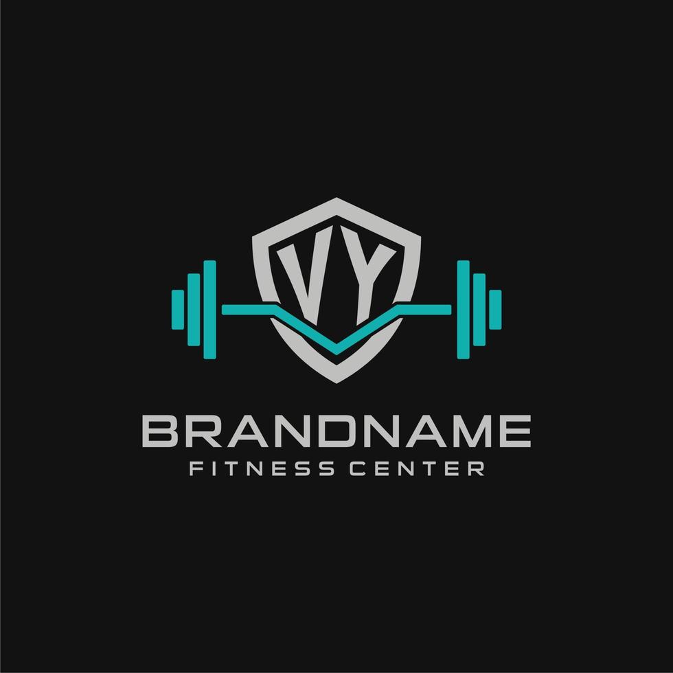 Creative letter VY logo design for gym or fitness with simple shield and barbell design style vector