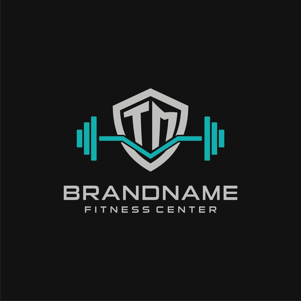 Creative letter TM logo design for gym or fitness with simple shield and barbell design style vector