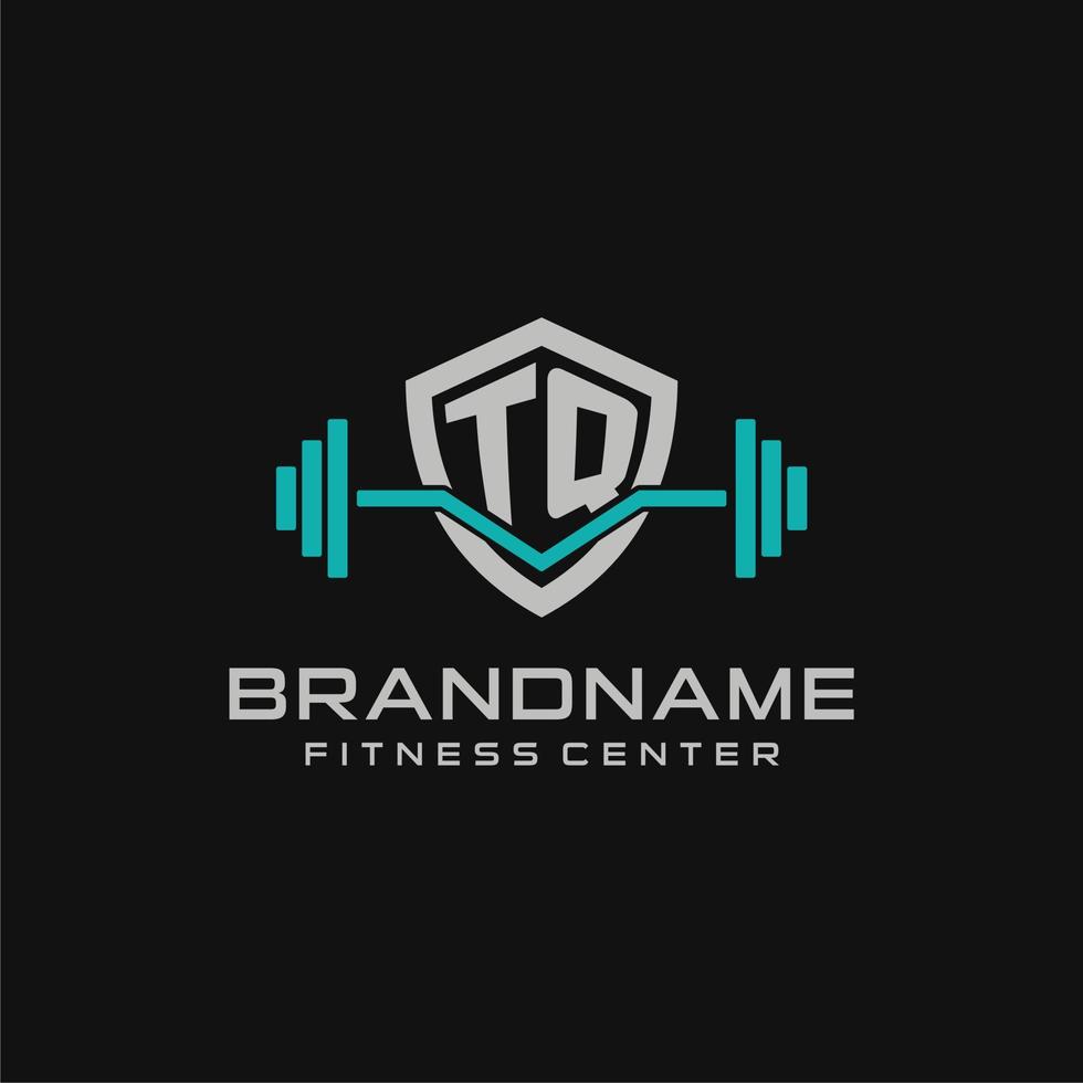 Creative letter TQ logo design for gym or fitness with simple shield and barbell design style vector
