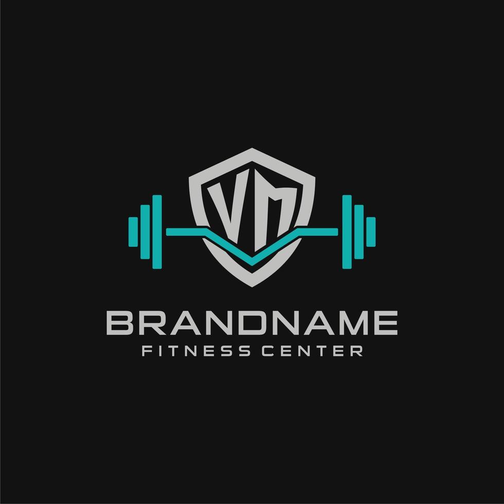 Creative letter VM logo design for gym or fitness with simple shield and barbell design style vector