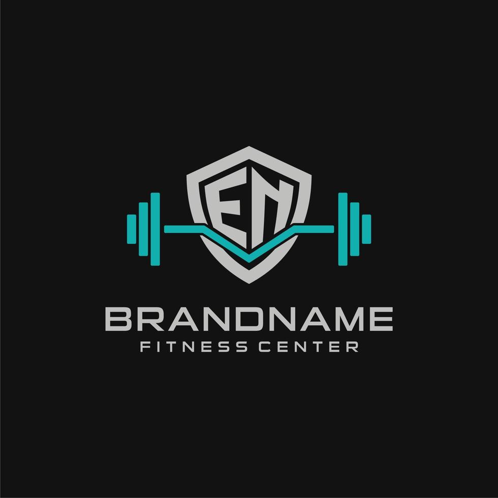 Creative letter EN logo design for gym or fitness with simple shield and barbell design style vector
