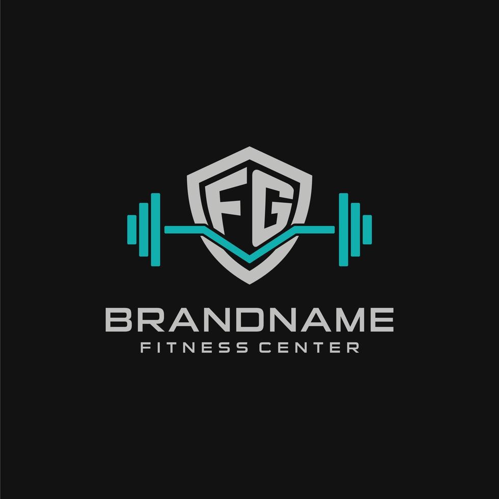 Creative letter FG logo design for gym or fitness with simple shield and barbell design style vector