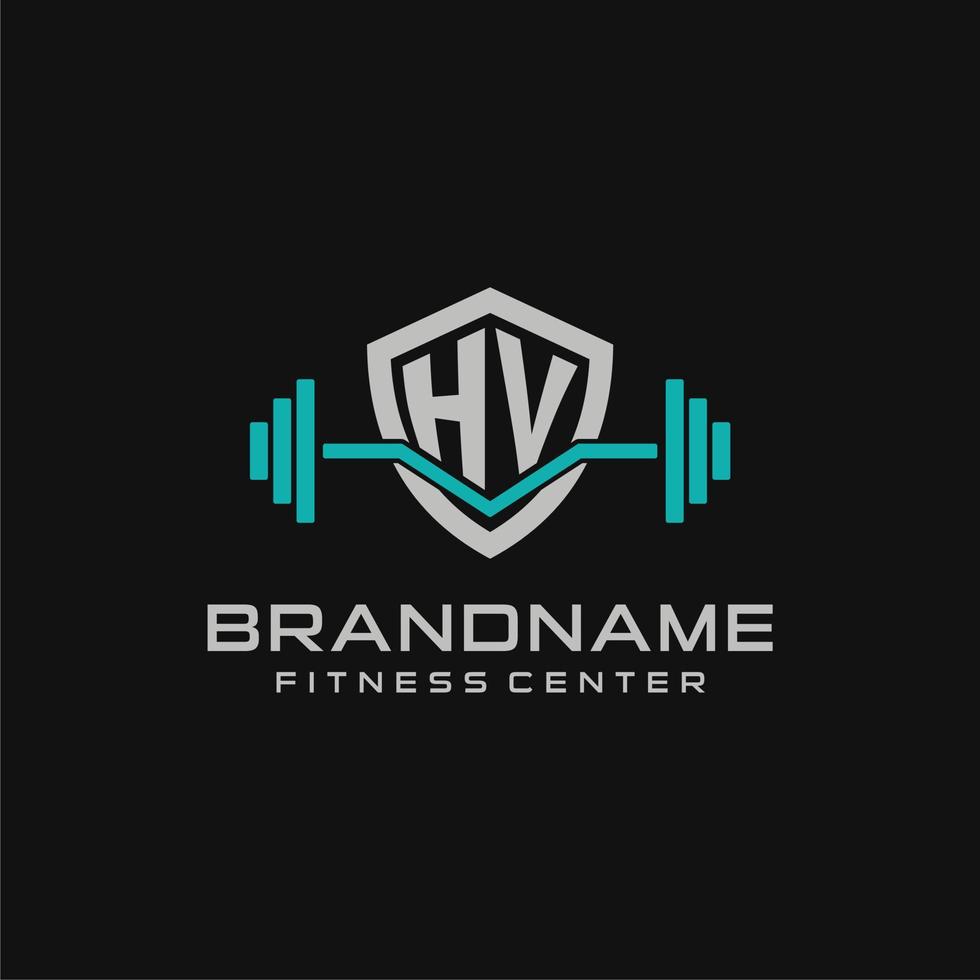 Creative letter HV logo design for gym or fitness with simple shield and barbell design style vector