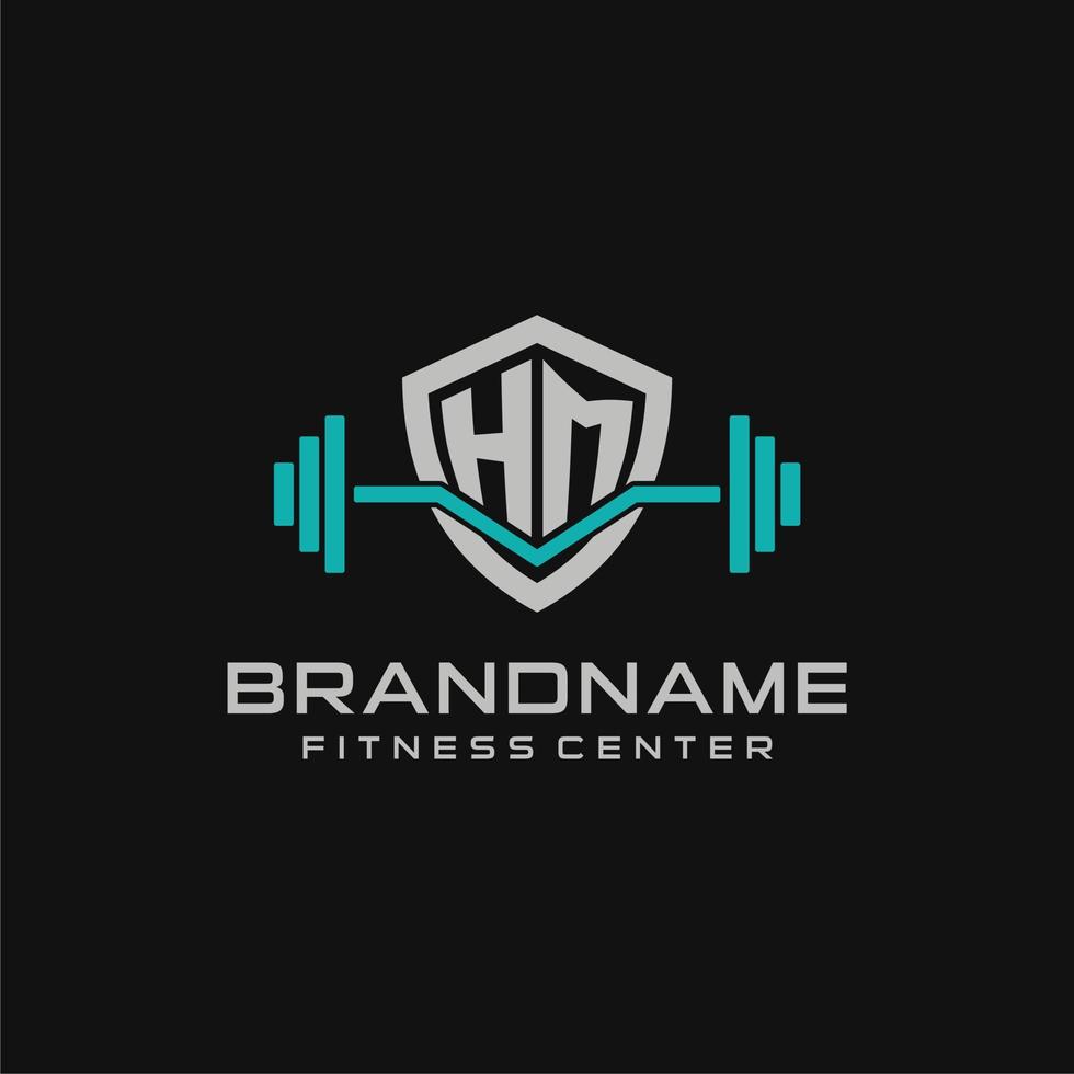 Creative letter HM logo design for gym or fitness with simple shield and barbell design style vector