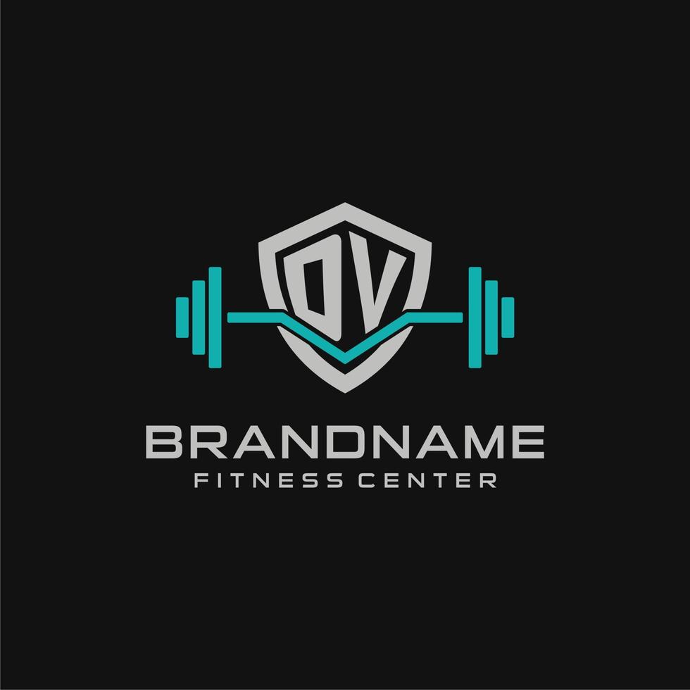 Creative letter DV logo design for gym or fitness with simple shield and barbell design style vector