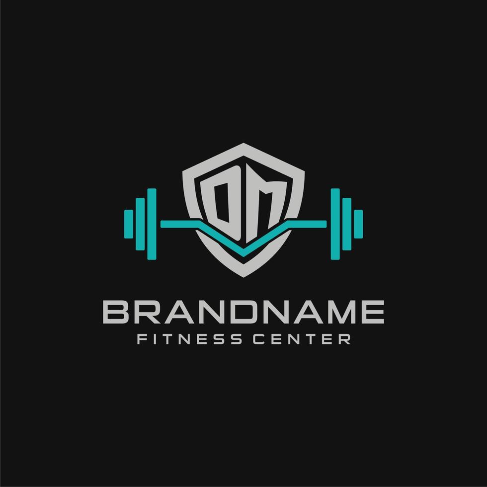 Creative letter DM logo design for gym or fitness with simple shield and barbell design style vector