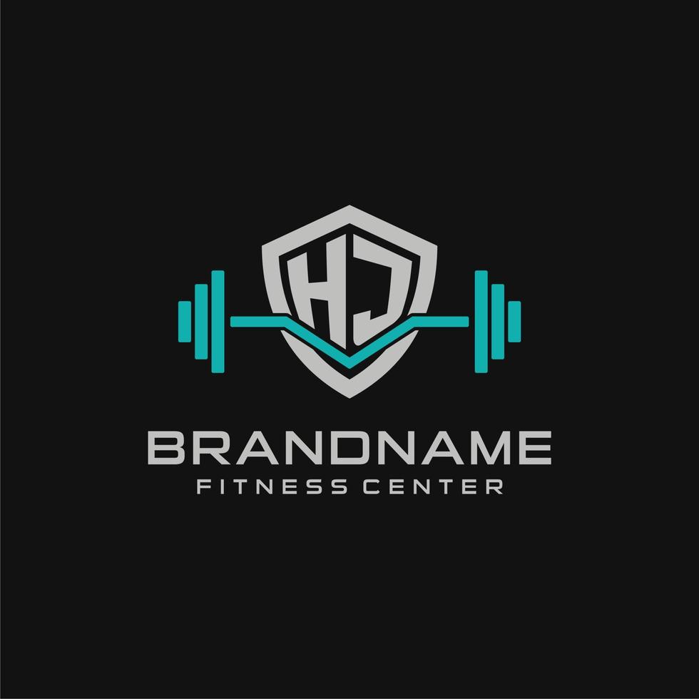 Creative letter HJ logo design for gym or fitness with simple shield and barbell design style vector