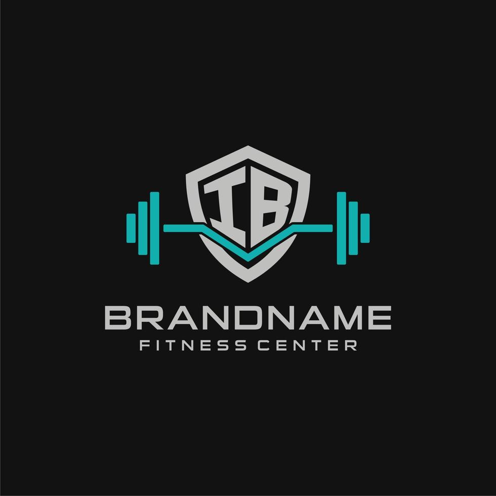 Creative letter IB logo design for gym or fitness with simple shield and barbell design style vector