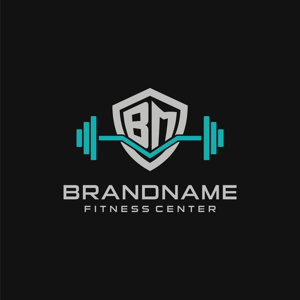 Creative letter BM logo design for gym or fitness with simple shield and barbell design style vector