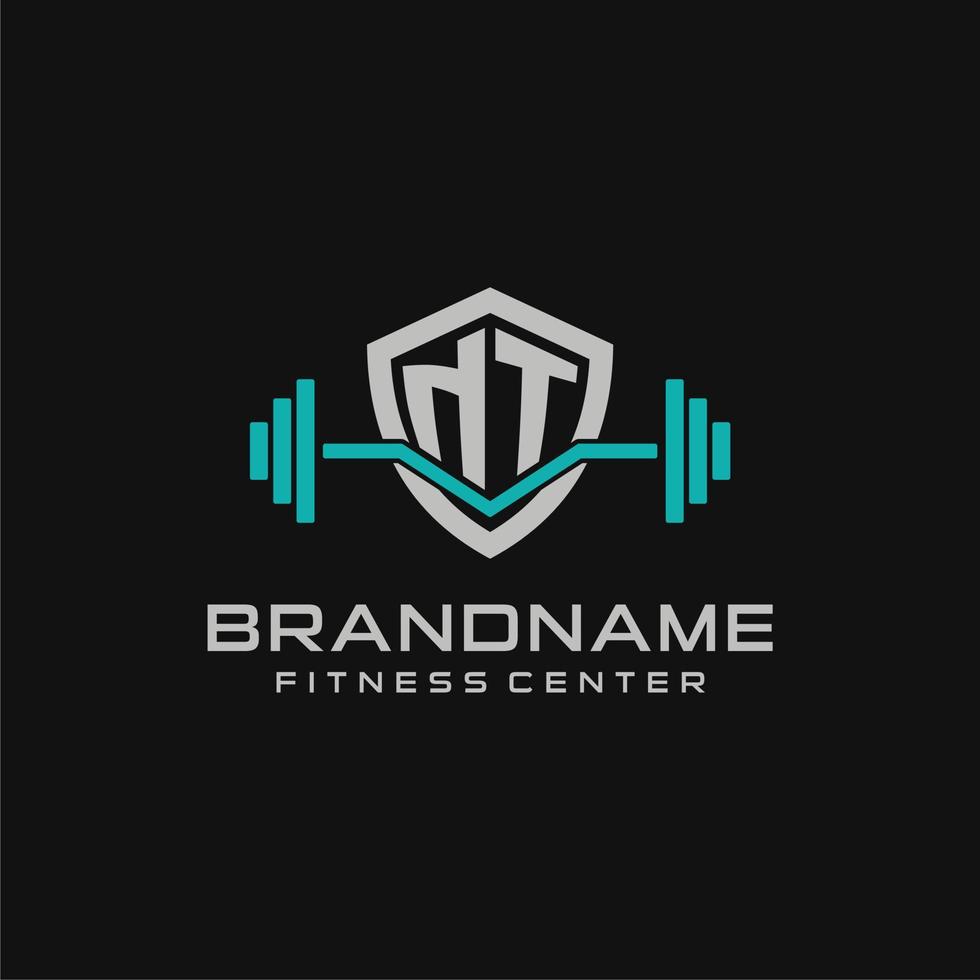Creative letter NT logo design for gym or fitness with simple shield and barbell design style vector