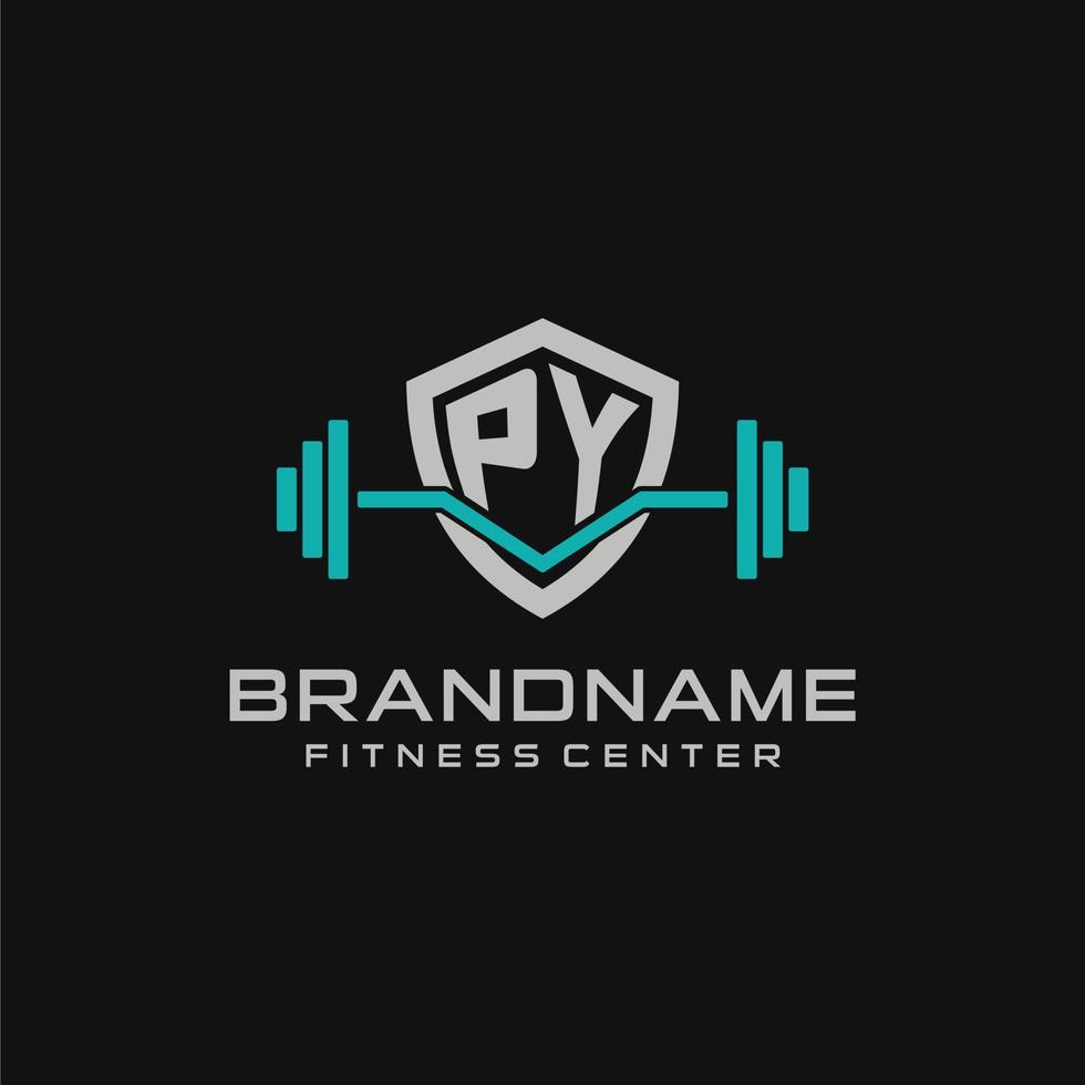 Creative letter PY logo design for gym or fitness with simple shield and barbell design style vector