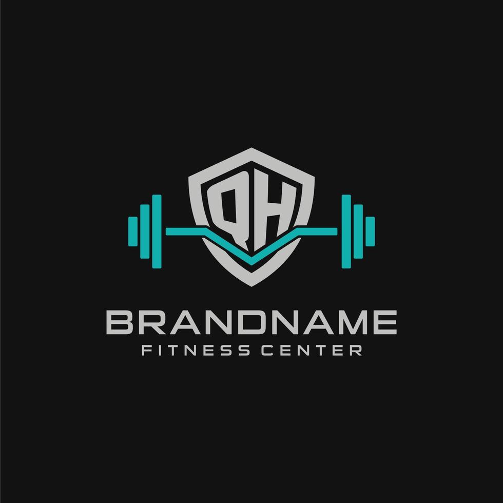 Creative letter QH logo design for gym or fitness with simple shield and barbell design style vector