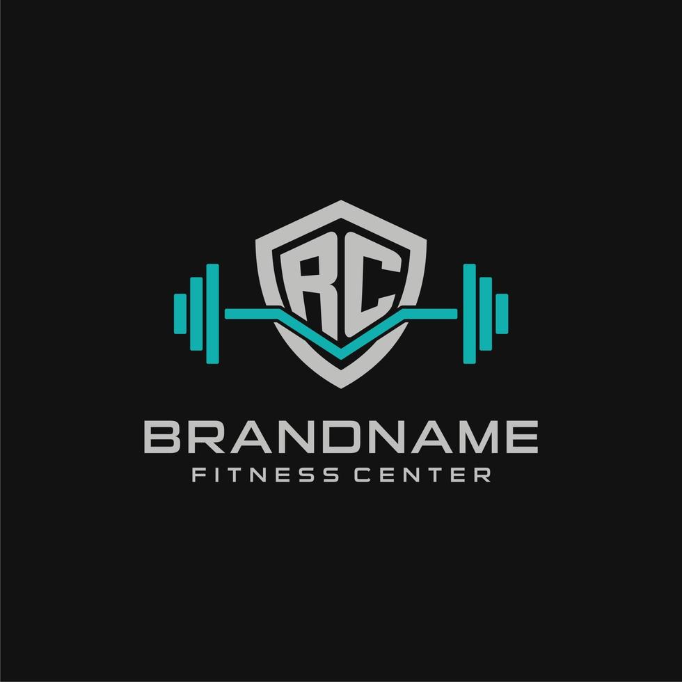 Creative letter RC logo design for gym or fitness with simple shield and barbell design style vector