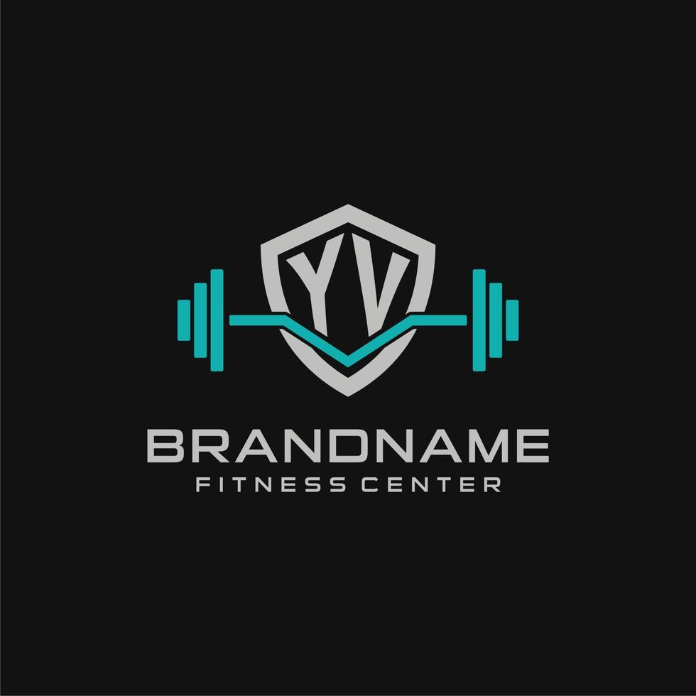 Creative letter YV logo design for gym or fitness with simple shield and barbell design style vector