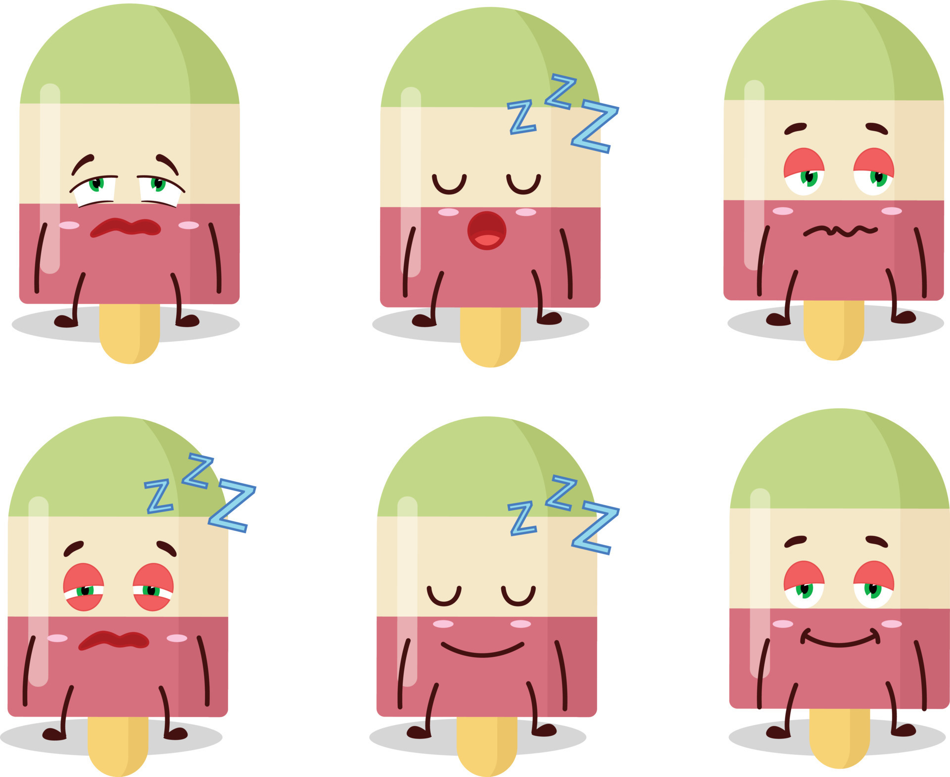 Cartoon character of watermelon ice cream with sleepy expression