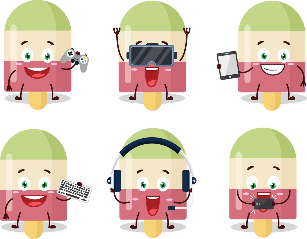 Watermelon ice cream cartoon character are playing games with various cute emoticons vector