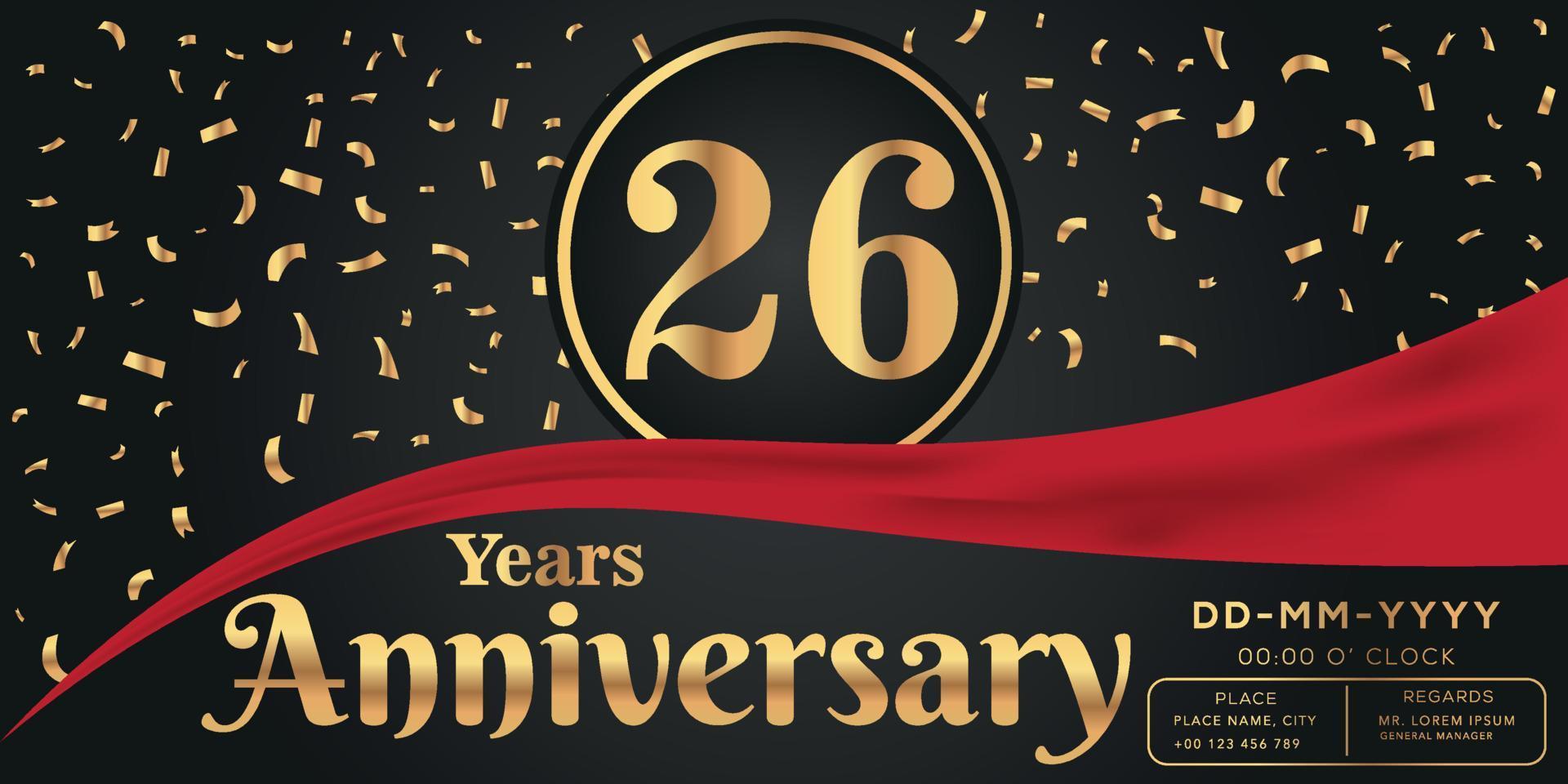 26th years anniversary celebration logo on dark background with golden numbers and golden abstract confetti vector design