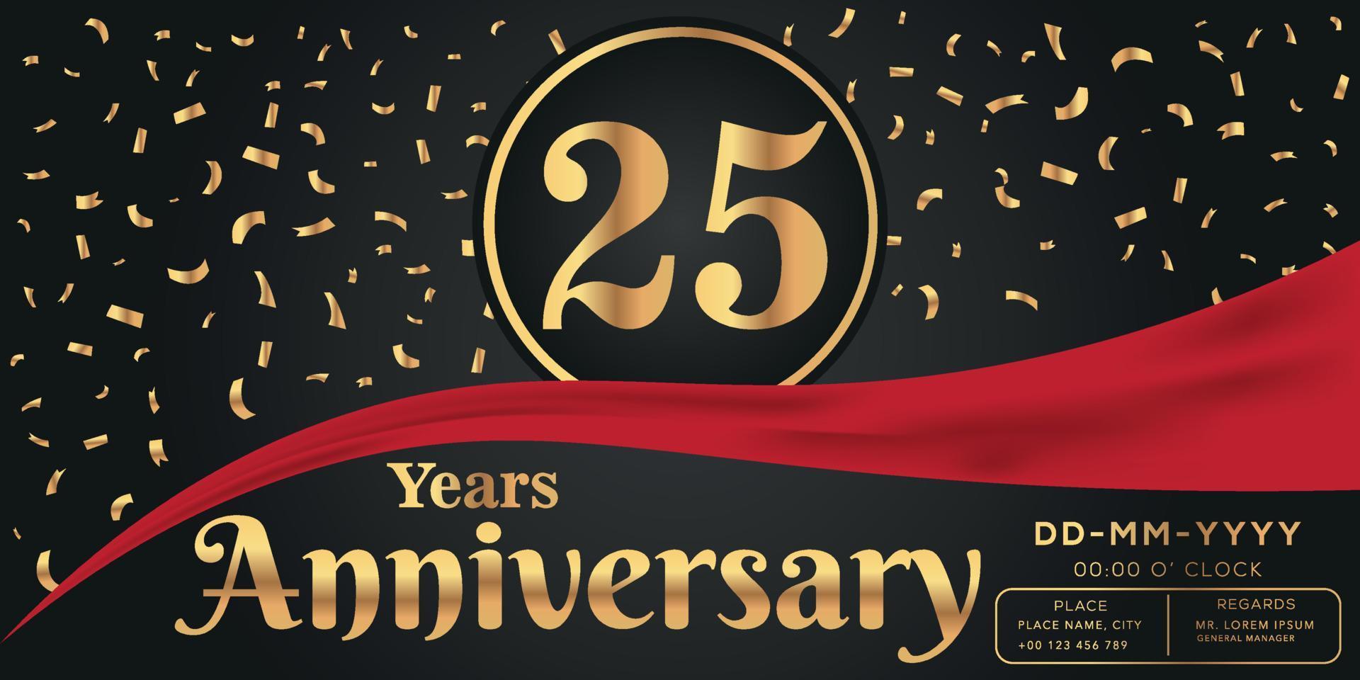 25 años aniversario celebracion logo en oscuro antecedentes con dorado números y dorado resumen papel picado vector diseño