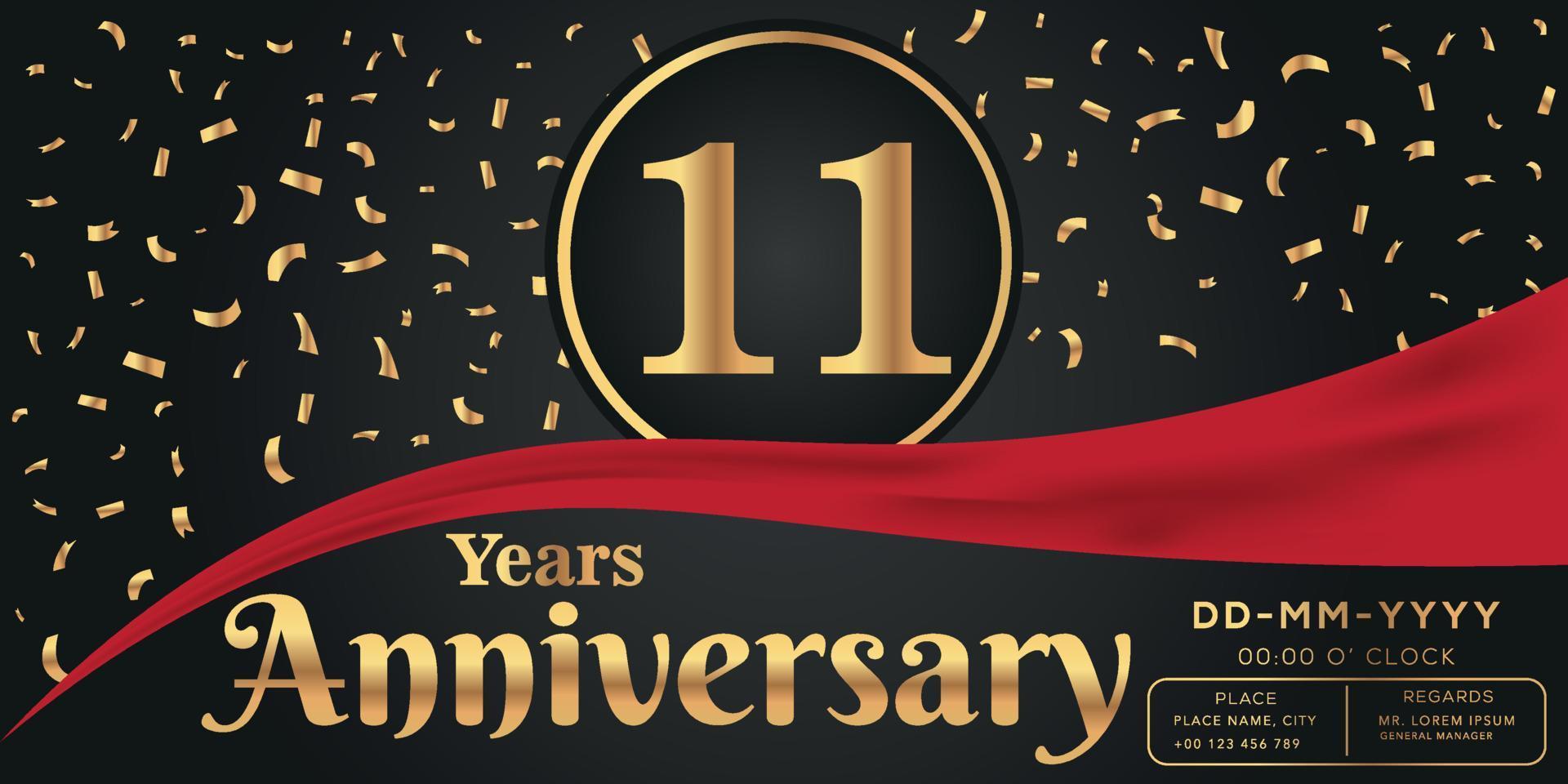 11 años aniversario celebracion logo en oscuro antecedentes con dorado números y dorado resumen papel picado vector diseño