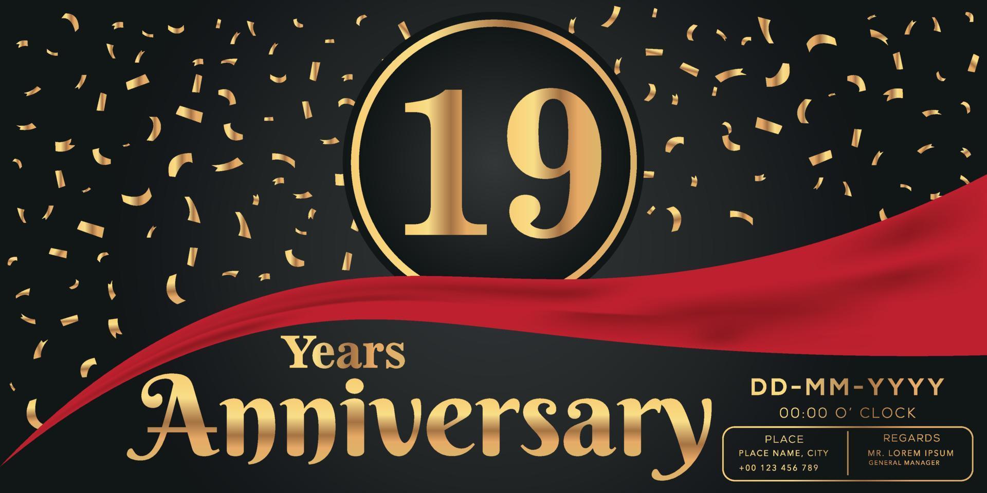 19th years anniversary celebration logo on dark background with golden numbers and golden abstract confetti vector design