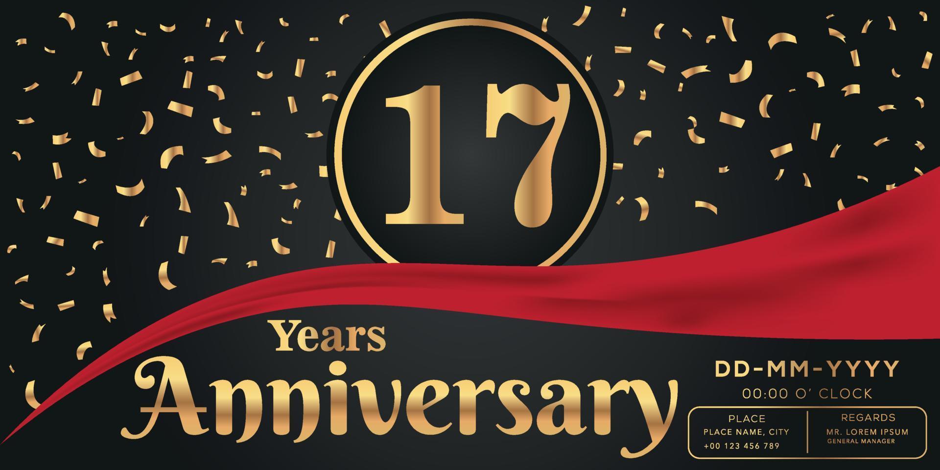 17th years anniversary celebration logo on dark background with golden numbers and golden abstract confetti vector design