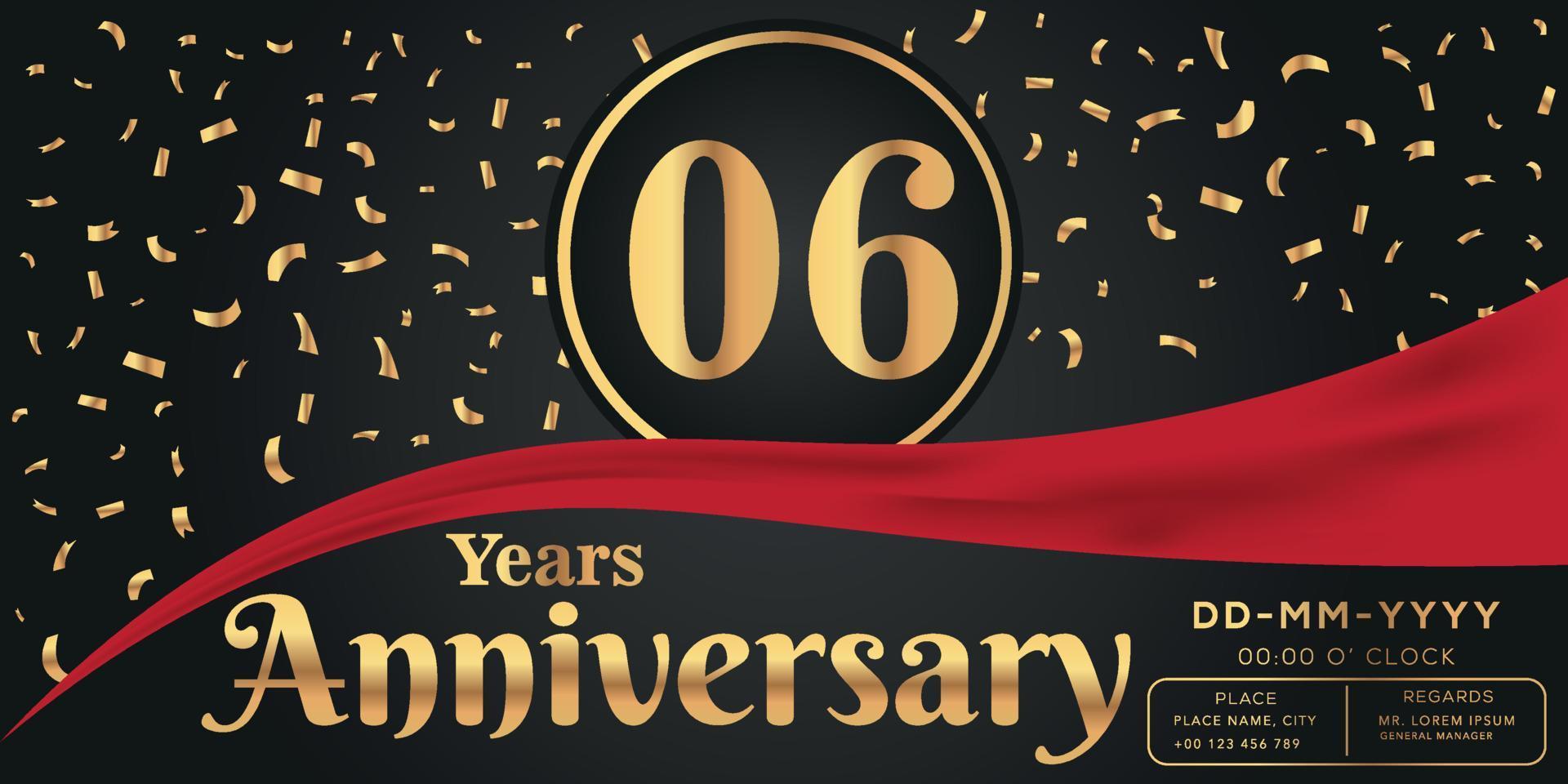 06th years anniversary celebration logo on dark background with golden numbers and golden abstract confetti vector design