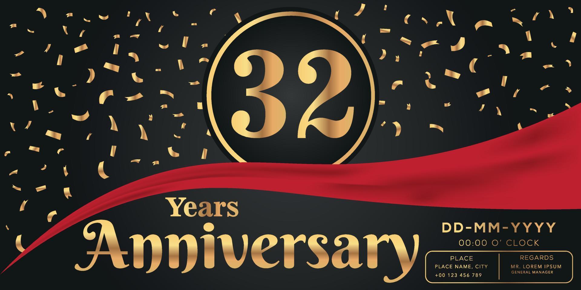 32nd years anniversary celebration logo on dark background with golden numbers and golden abstract confetti vector design
