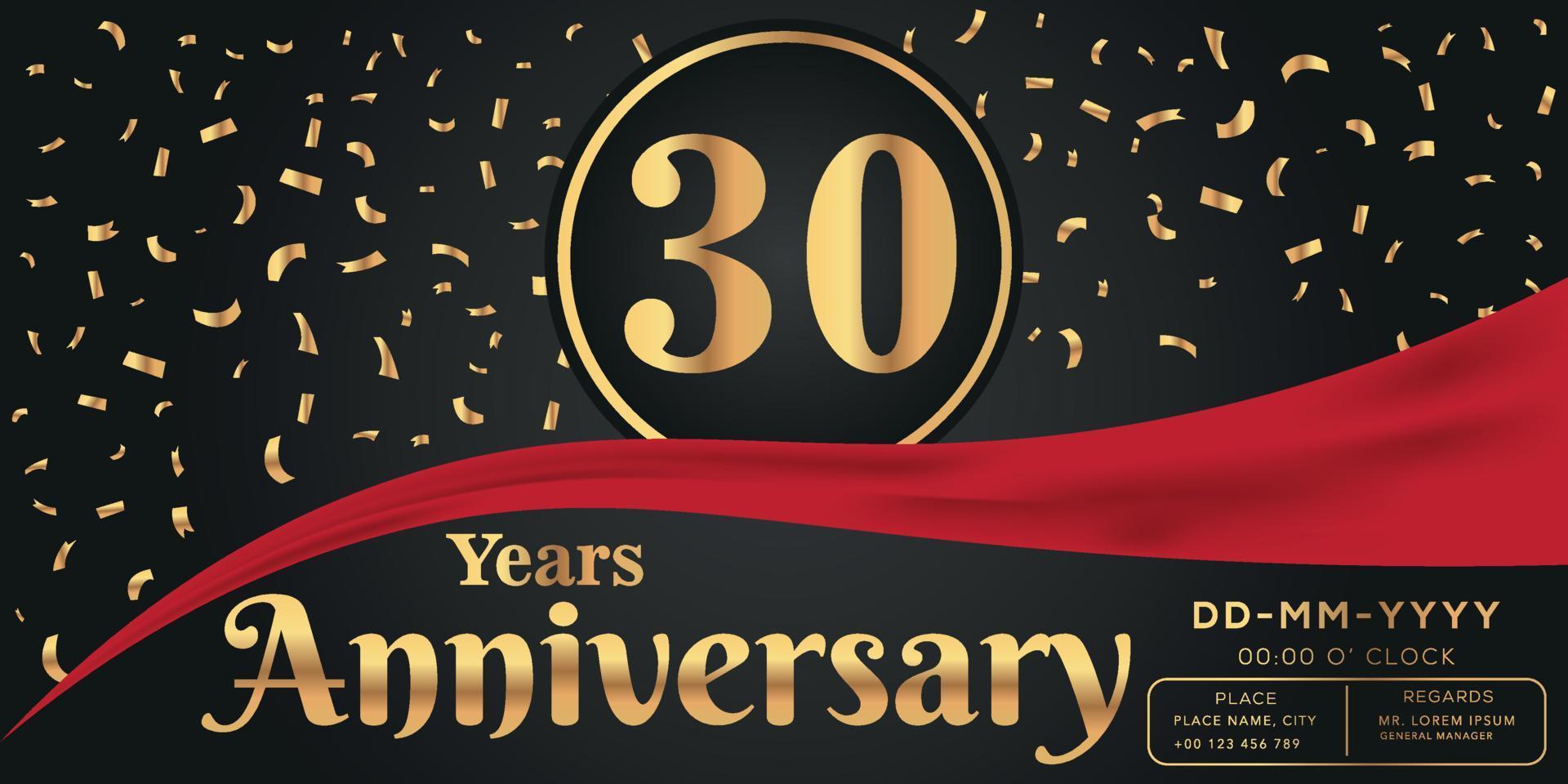 30th years anniversary celebration logo on dark background with golden numbers and golden abstract confetti vector design