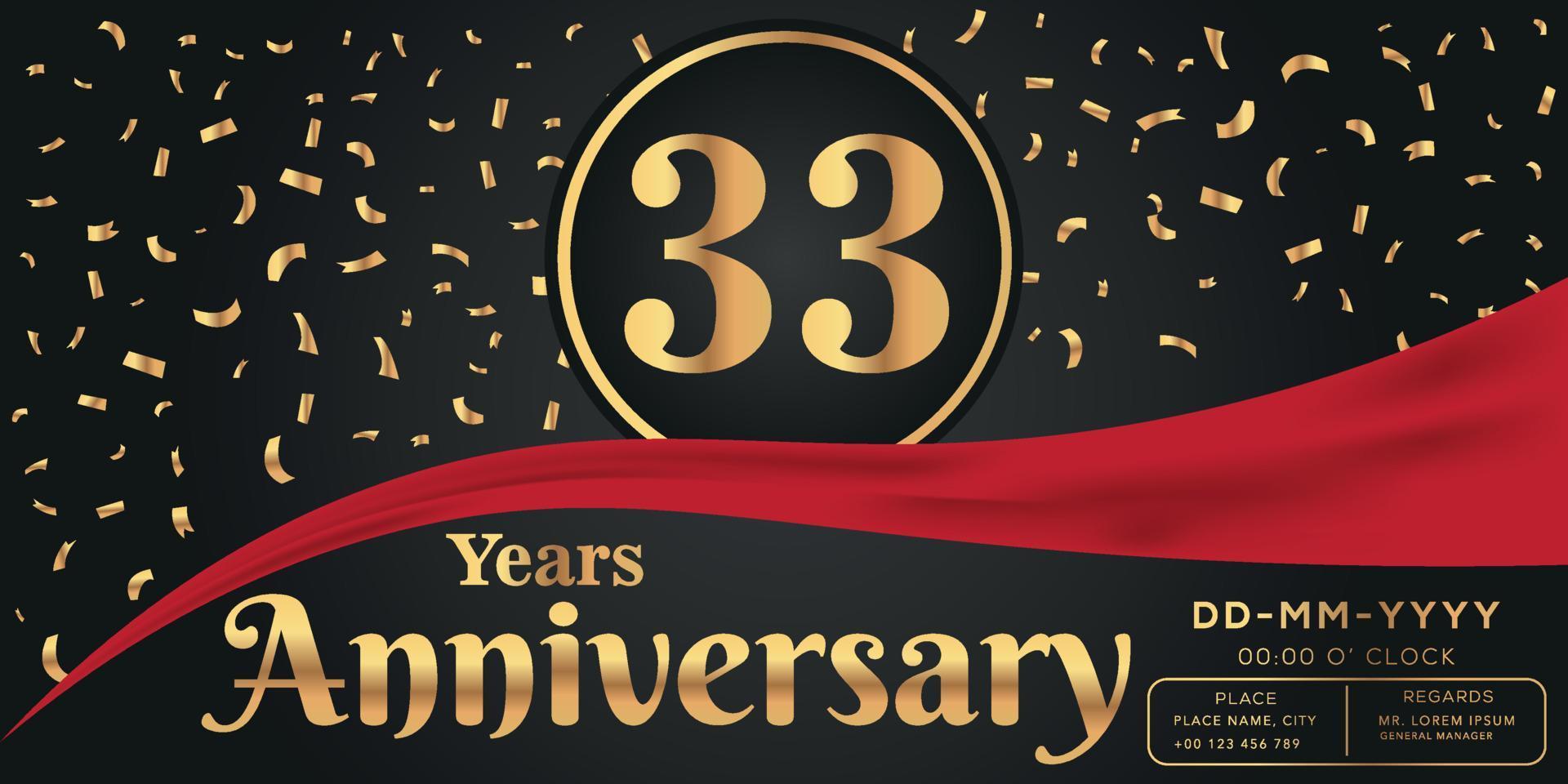 33rd years anniversary celebration logo on dark background with golden numbers and golden abstract confetti vector design