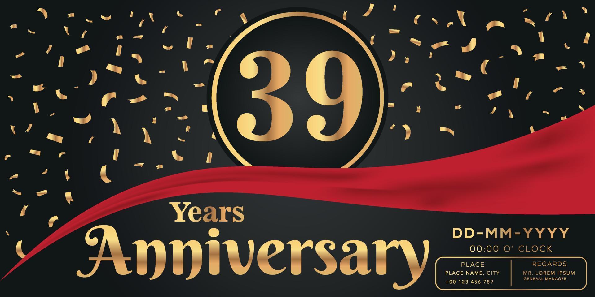 39th years anniversary celebration logo on dark background with golden numbers and golden abstract confetti vector design