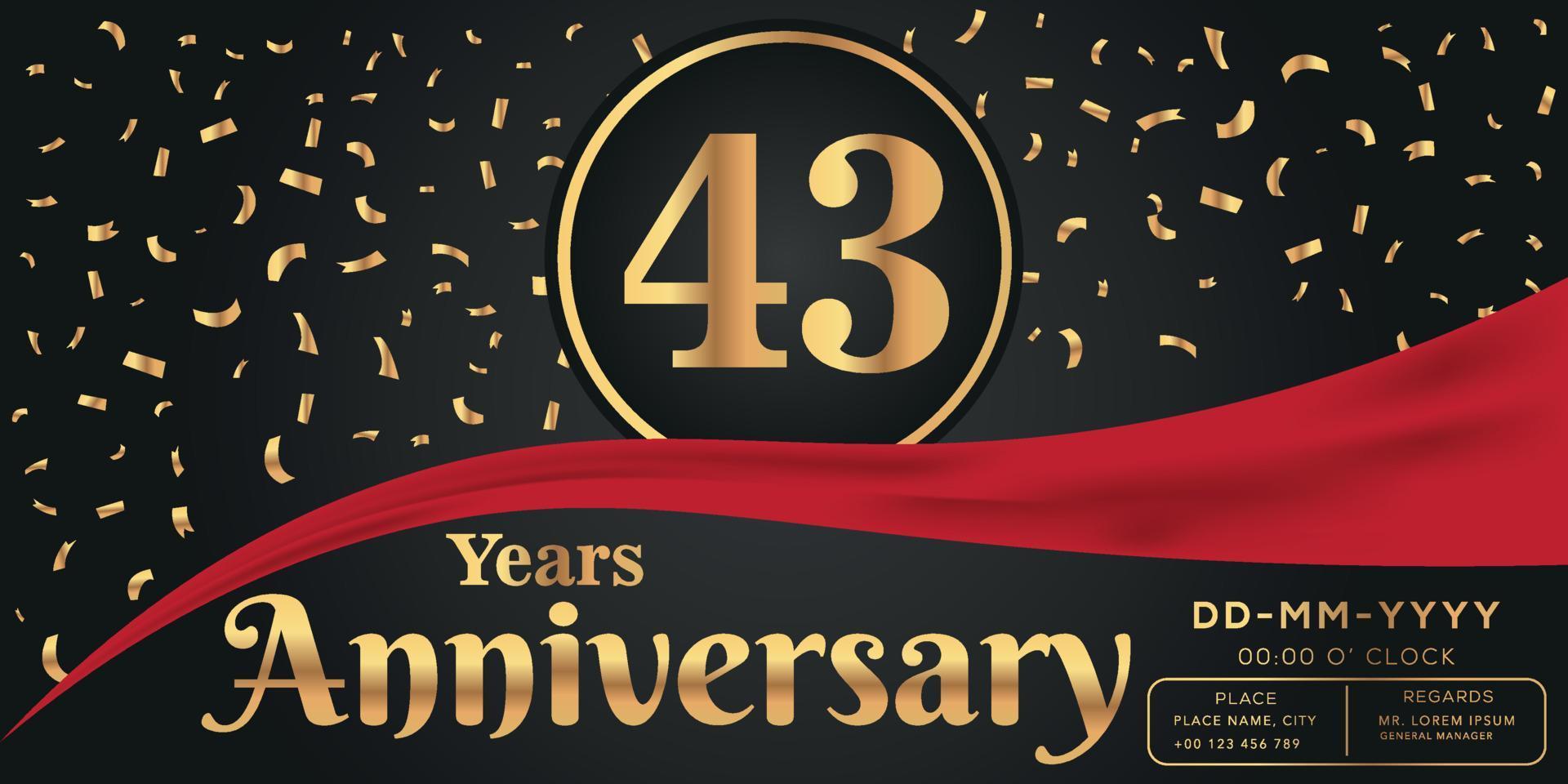 43rd years anniversary celebration logo on dark background with golden numbers and golden abstract confetti vector design