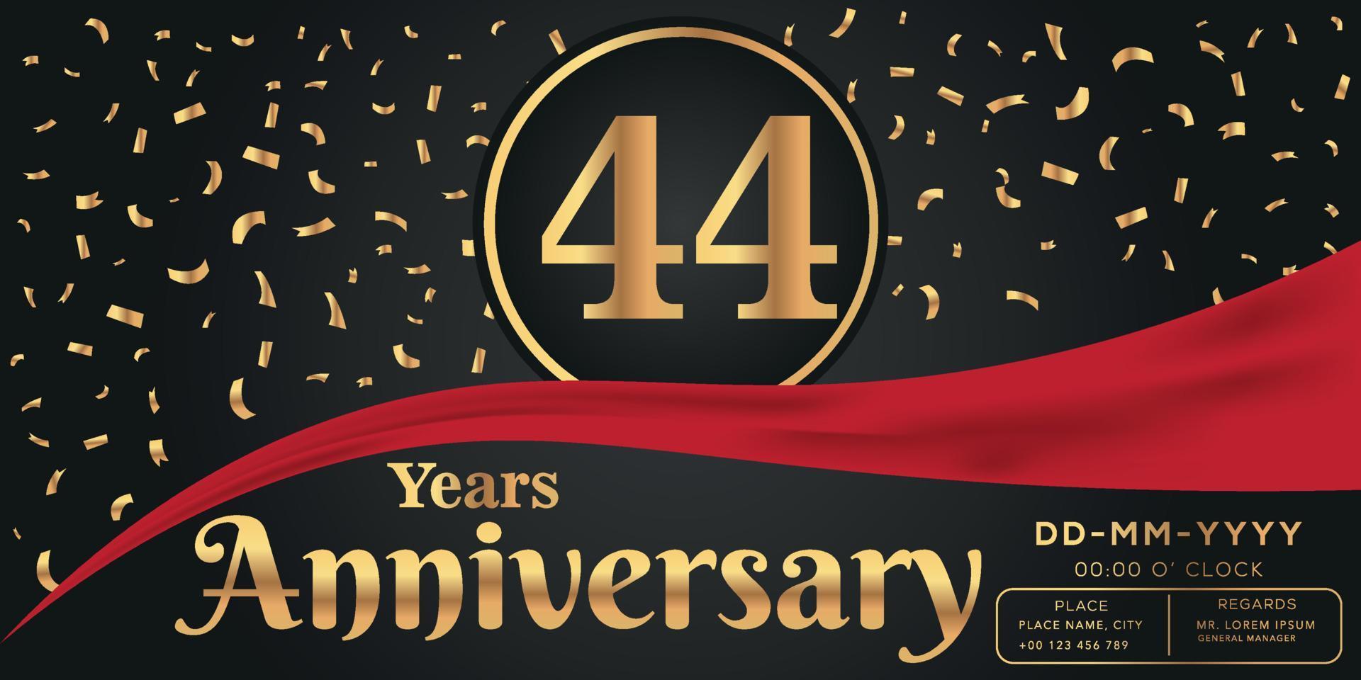 44º años aniversario celebracion logo en oscuro antecedentes con dorado números y dorado resumen papel picado vector diseño