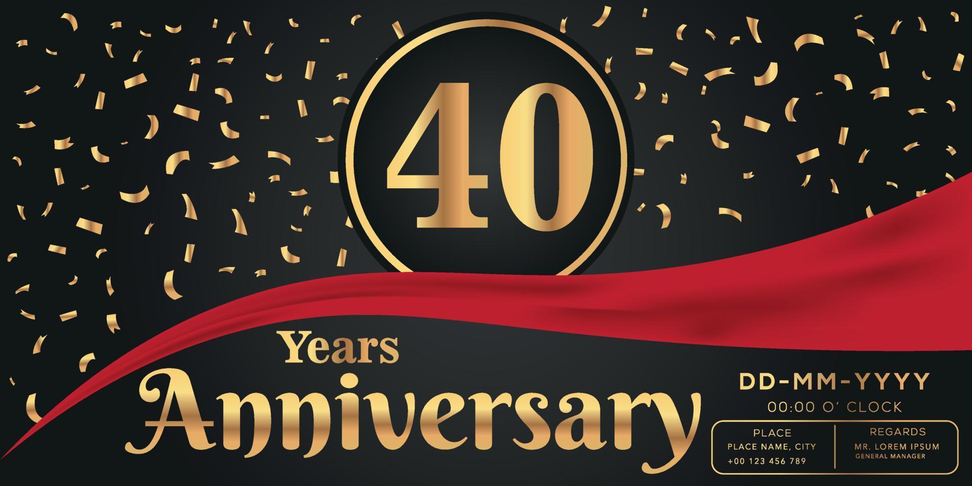 40th years anniversary celebration logo on dark background with golden numbers and golden abstract confetti vector design