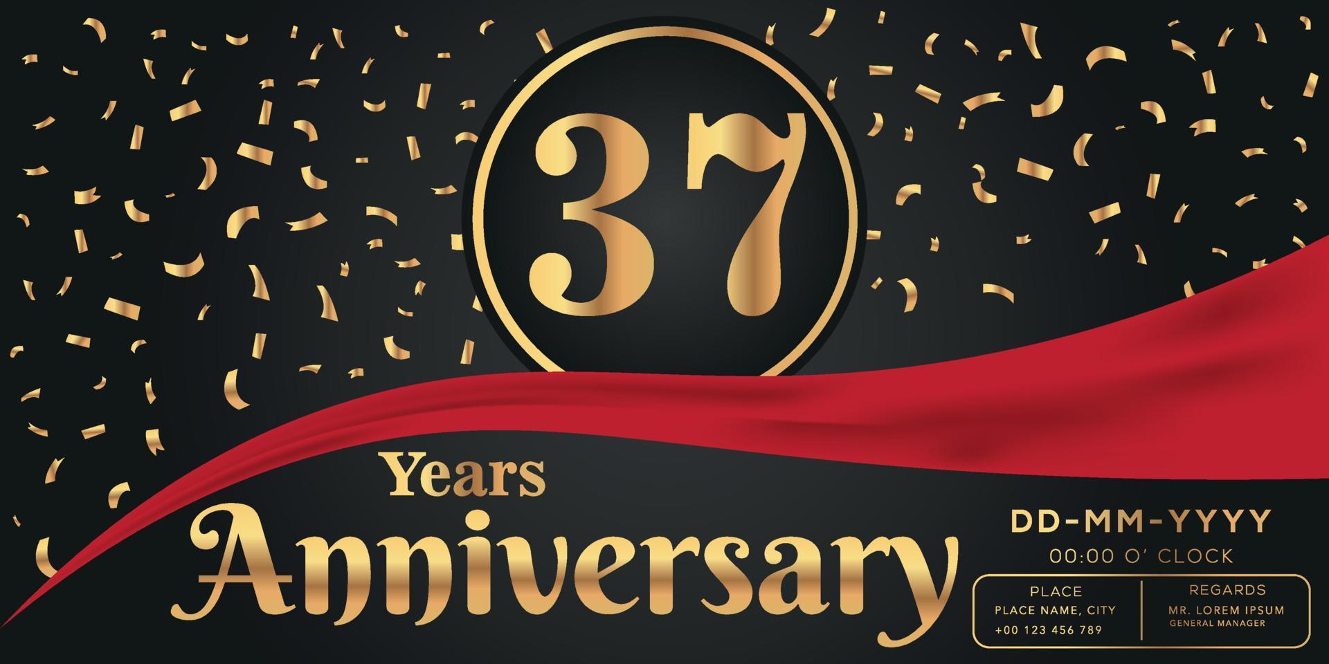37th years anniversary celebration logo on dark background with golden numbers and golden abstract confetti vector design