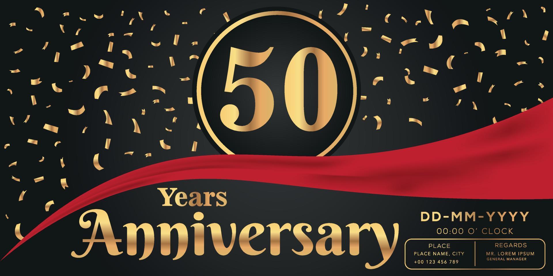50th years anniversary celebration logo on dark background with golden numbers and golden abstract confetti vector design