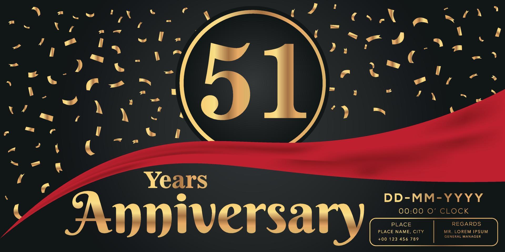 51st years anniversary celebration logo on dark background with golden numbers and golden abstract confetti vector design