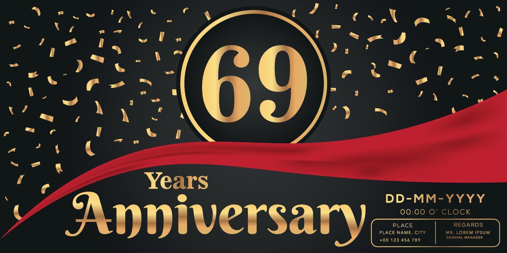 69 años aniversario celebracion logo en oscuro antecedentes con dorado números y dorado resumen papel picado vector diseño
