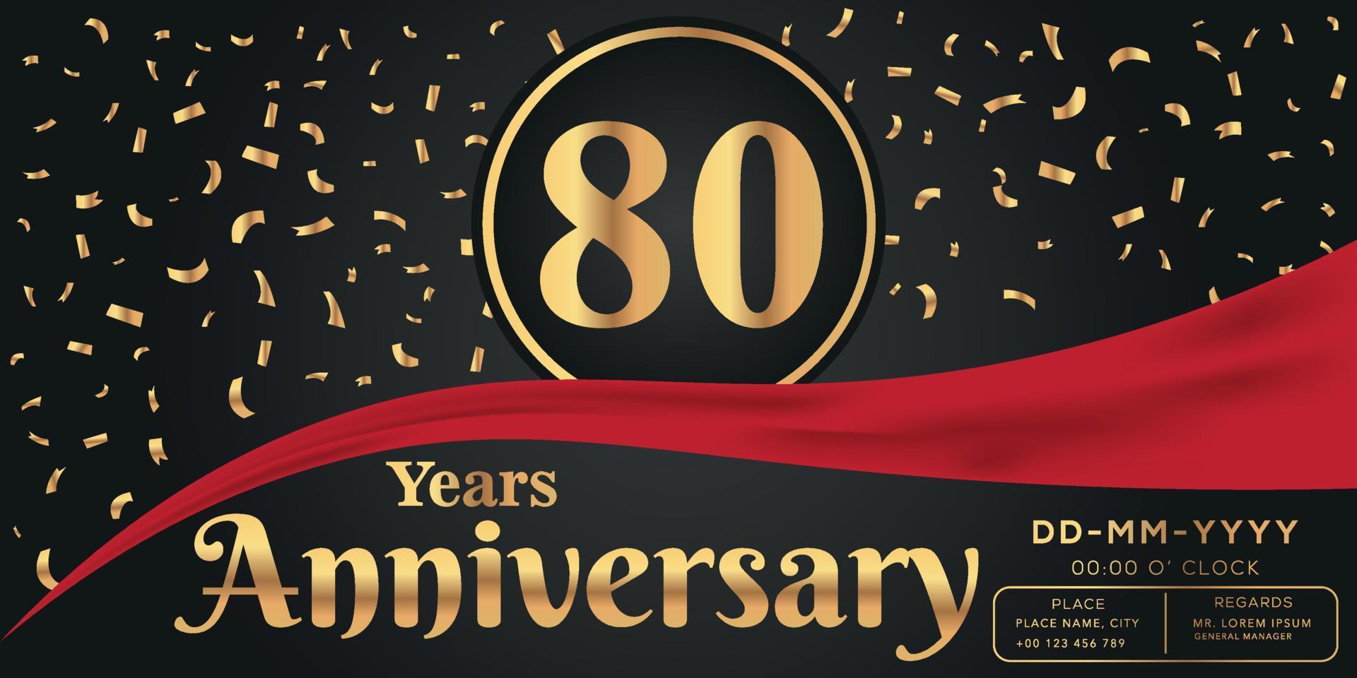 80 años aniversario celebracion logo en oscuro antecedentes con dorado números y dorado resumen papel picado vector diseño