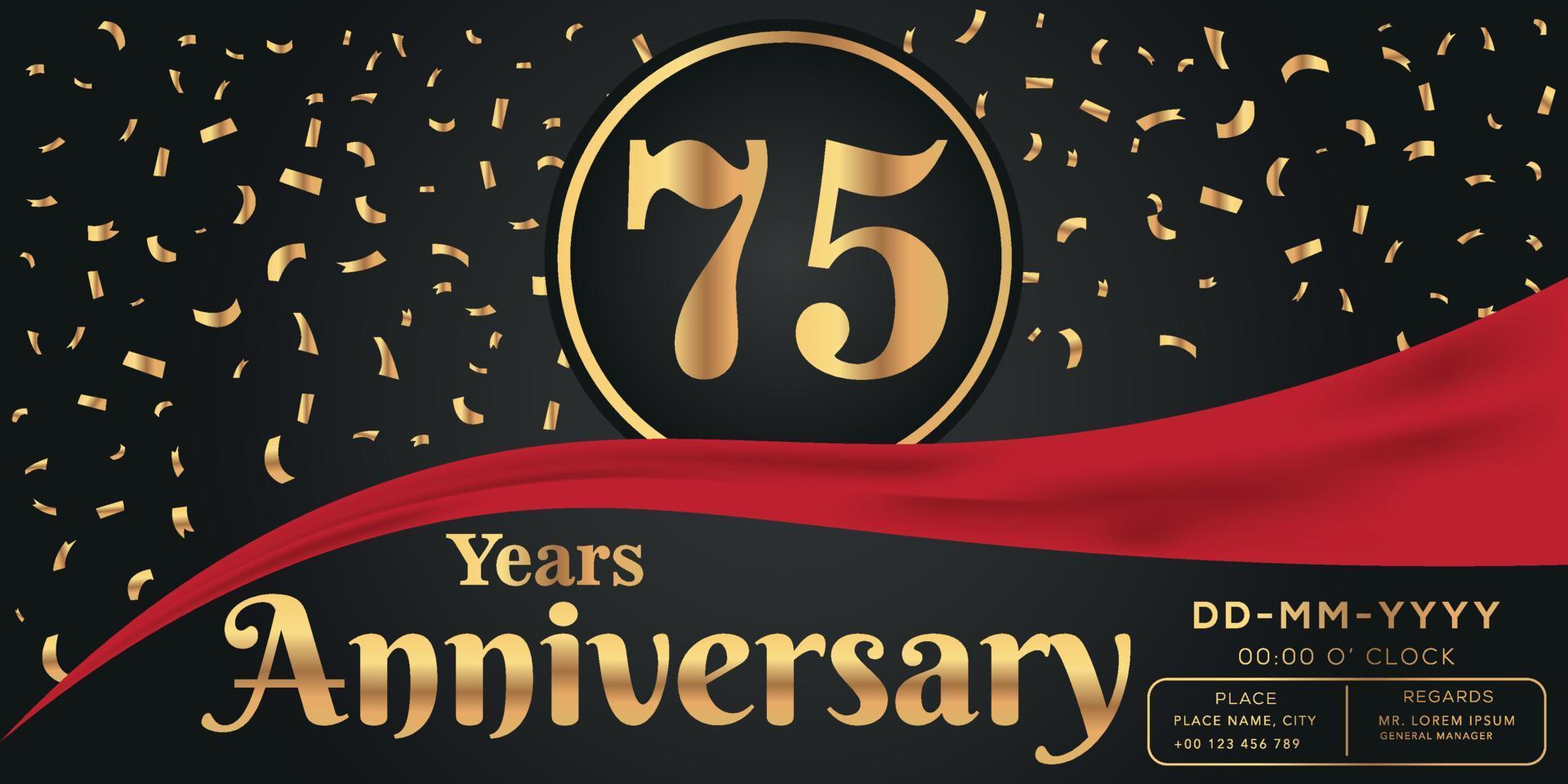 75th years anniversary celebration logo on dark background with golden numbers and golden abstract confetti vector design