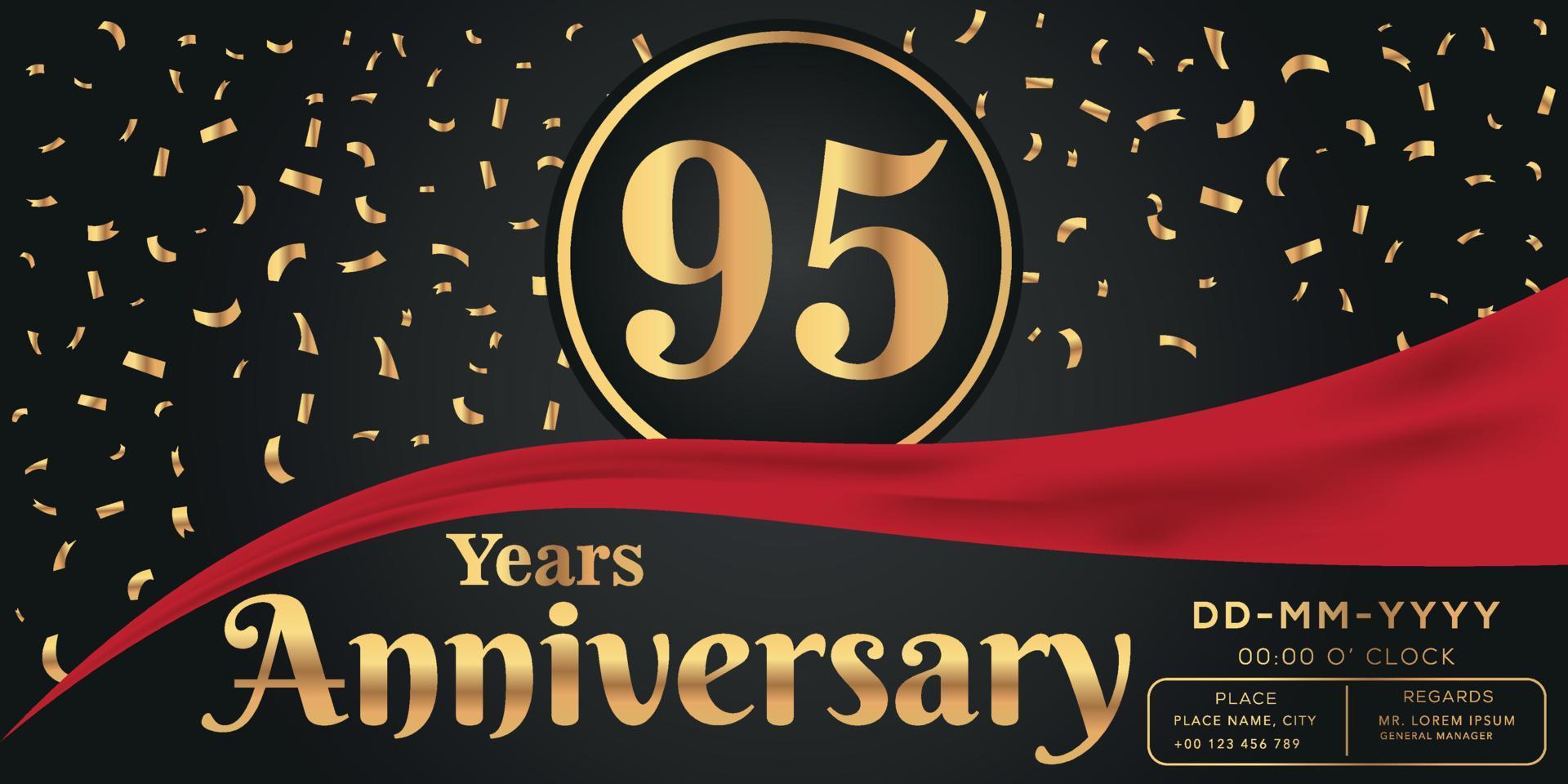 95th years anniversary celebration logo on dark background with golden numbers and golden abstract confetti vector design