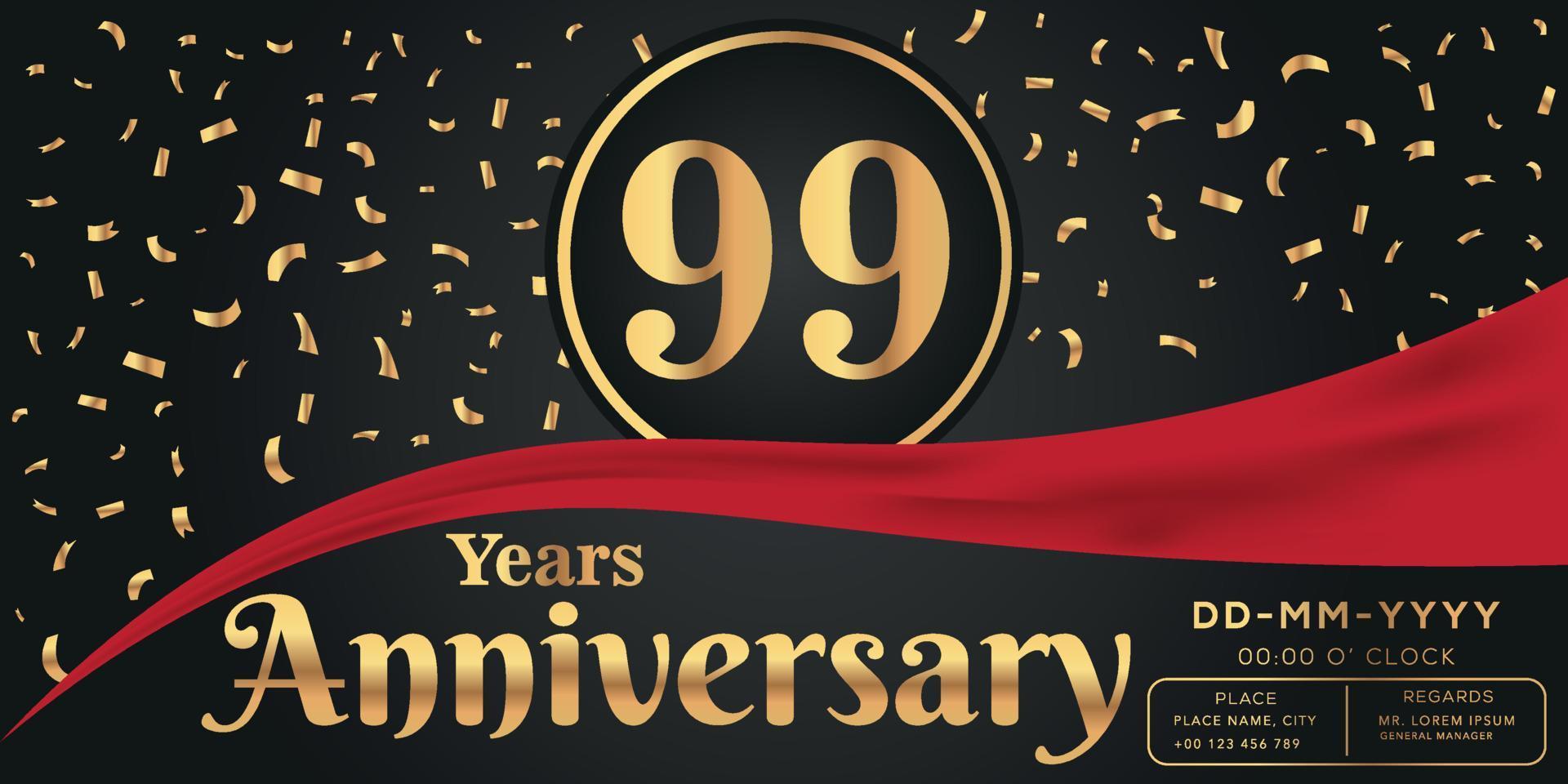 99th years anniversary celebration logo on dark background with golden numbers and golden abstract confetti vector design