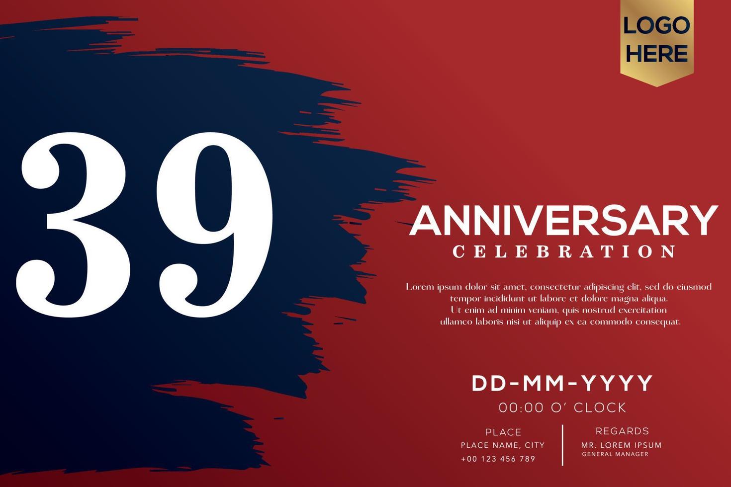 39 years anniversary celebration vector with blue brush isolated on red background with text template design