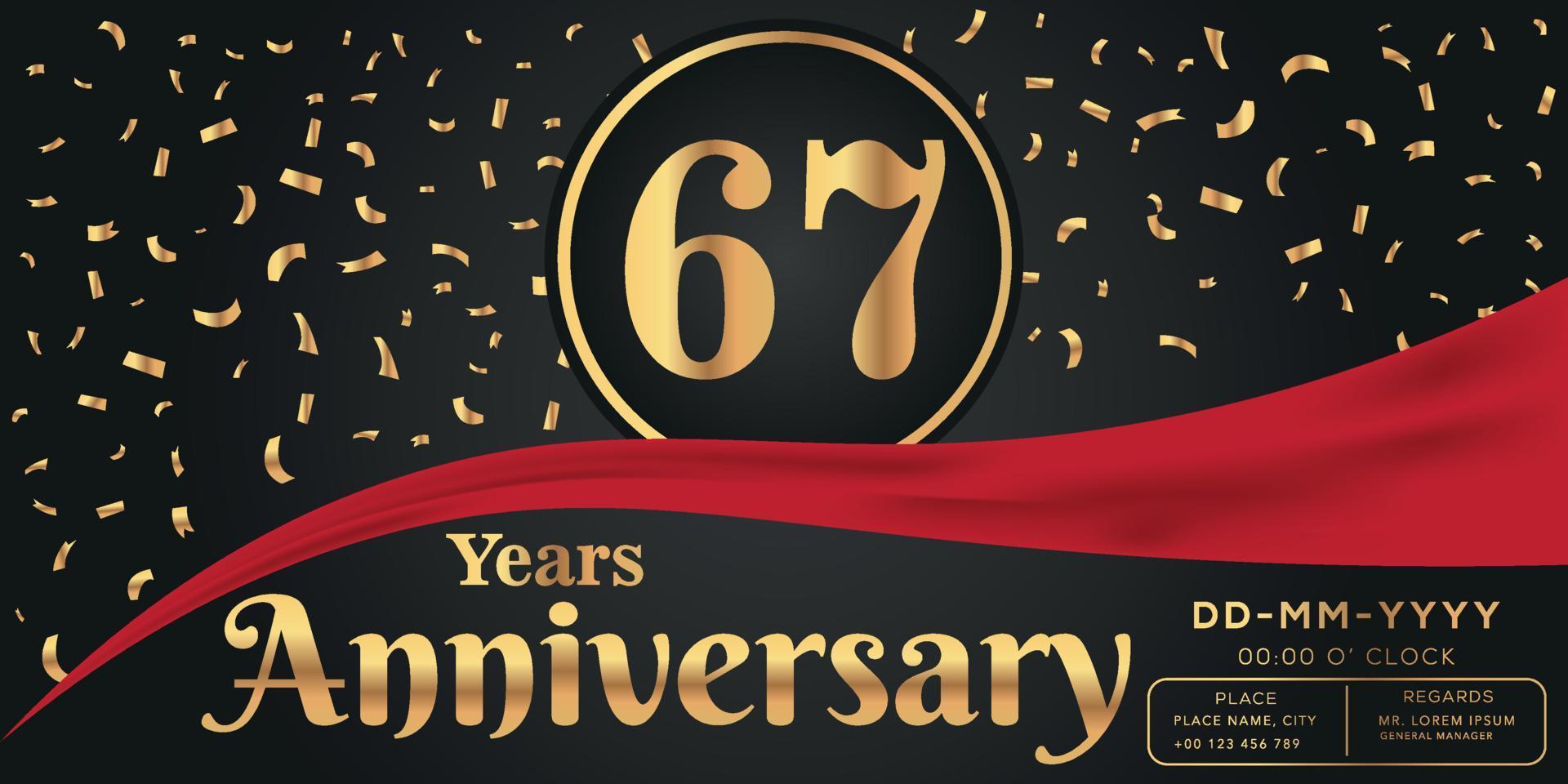 67th years anniversary celebration logo on dark background with golden numbers and golden abstract confetti vector design
