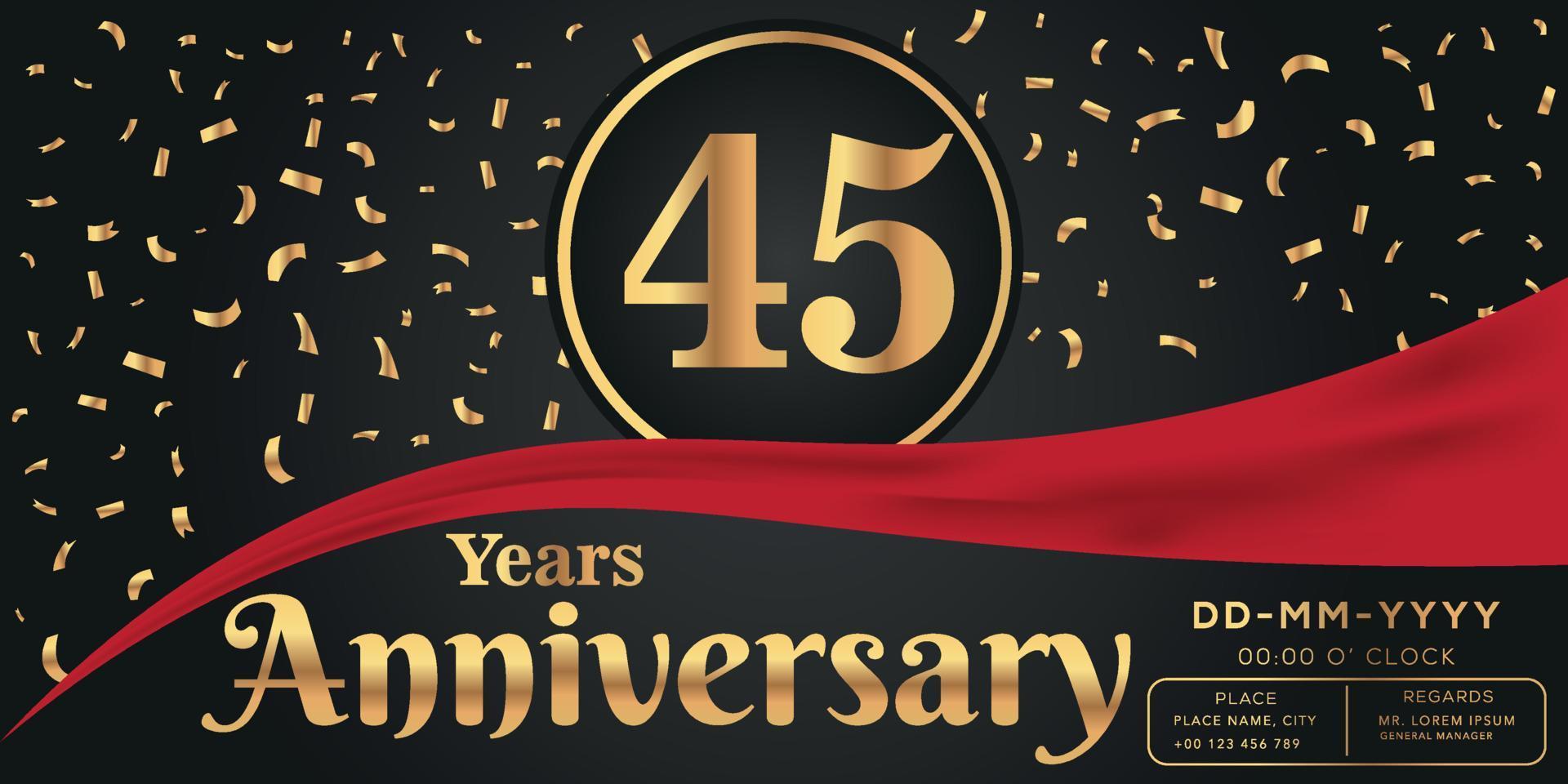 45th years anniversary celebration logo on dark background with golden numbers and golden abstract confetti vector design