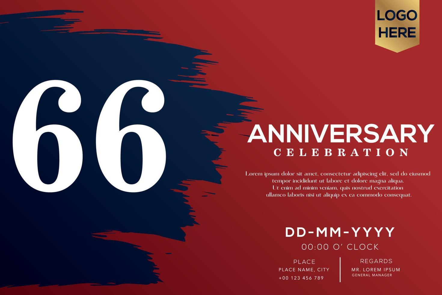 66 years anniversary celebration vector with blue brush isolated on red background with text template design