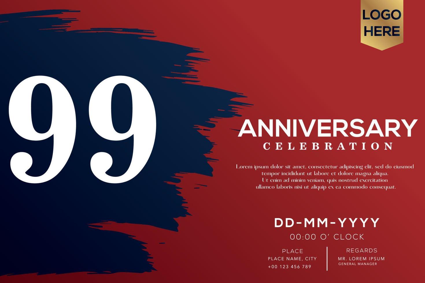 99 years anniversary celebration vector with blue brush isolated on red background with text template design