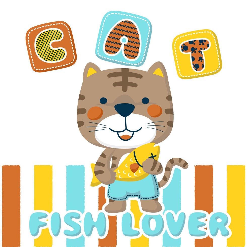 vector cartoon of funny cat with a fish